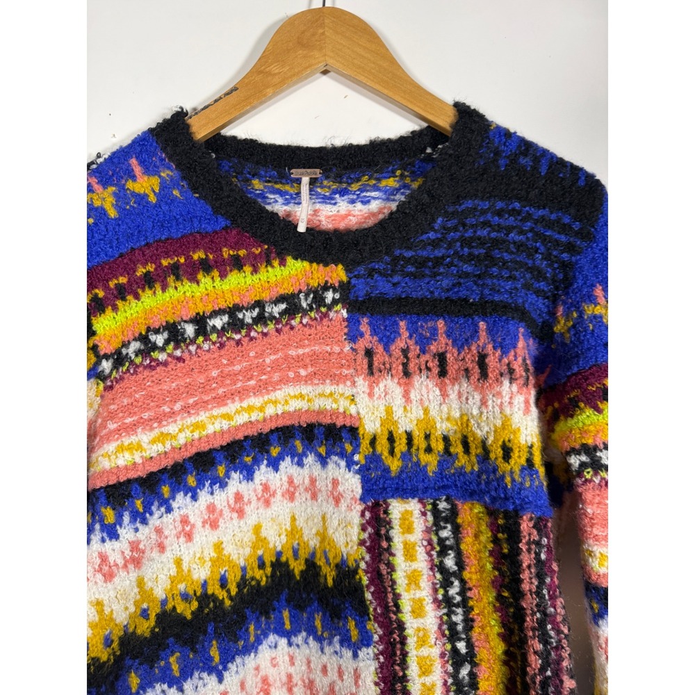 Free People Womens Fair Isle Patchwork Knit Sweater Blue Multi Color Size XS